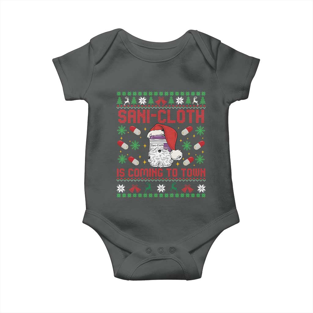 Sani-cloth Is Coming To Town Baby Onesie Funny Nurse Christmas TS14 Dark Heather Print Your Wear