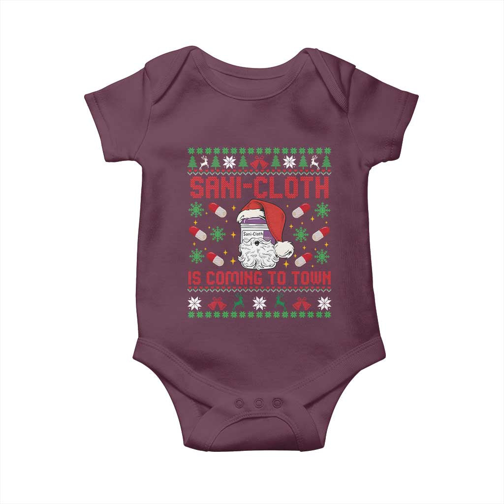 Sani-cloth Is Coming To Town Baby Onesie Funny Nurse Christmas TS14 Maroon Print Your Wear