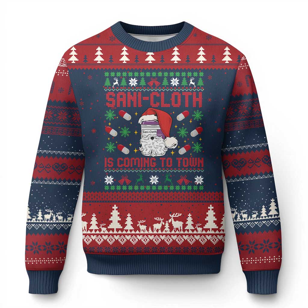 Sani-cloth Is Coming To Town Ugly Christmas Sweater Funny Nurse Christmas TS14 Navy Red Print Your Wear