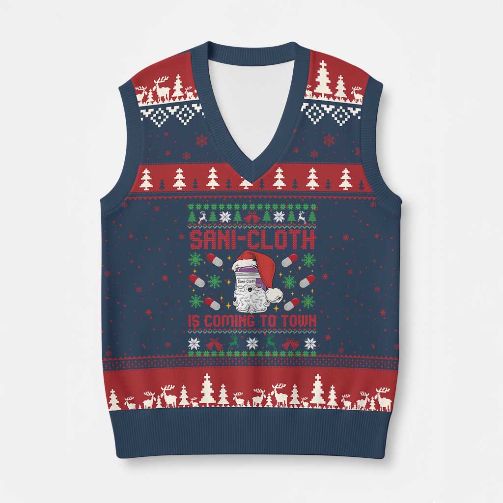 Sani-cloth Is Coming To Town V-Neck Knit Sweater Vest Funny Nurse Christmas TS14 Navy Red Print Your Wear