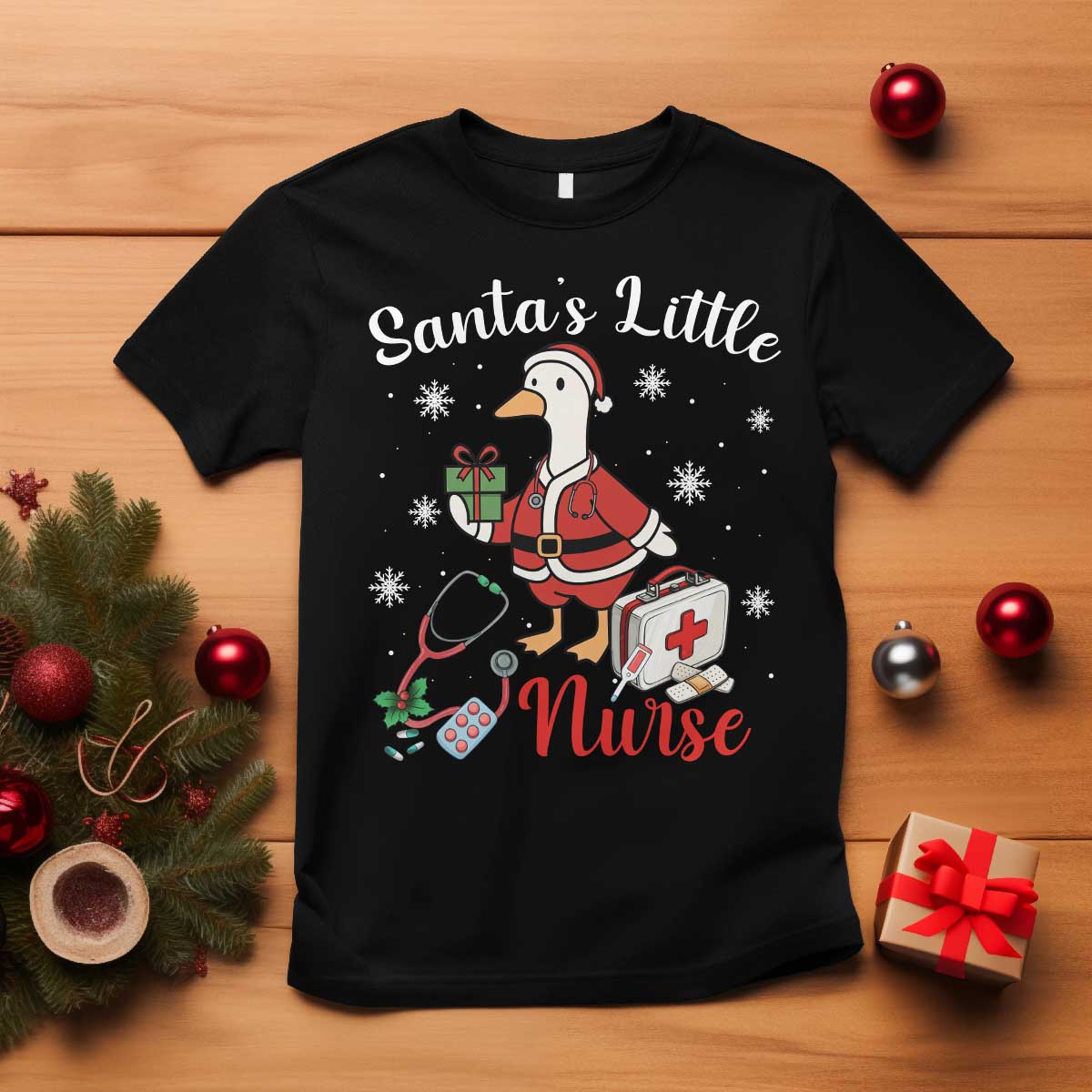 Christmas Goose Nurse T Shirt Santa Little Nurse TS14 Black Print Your Wear