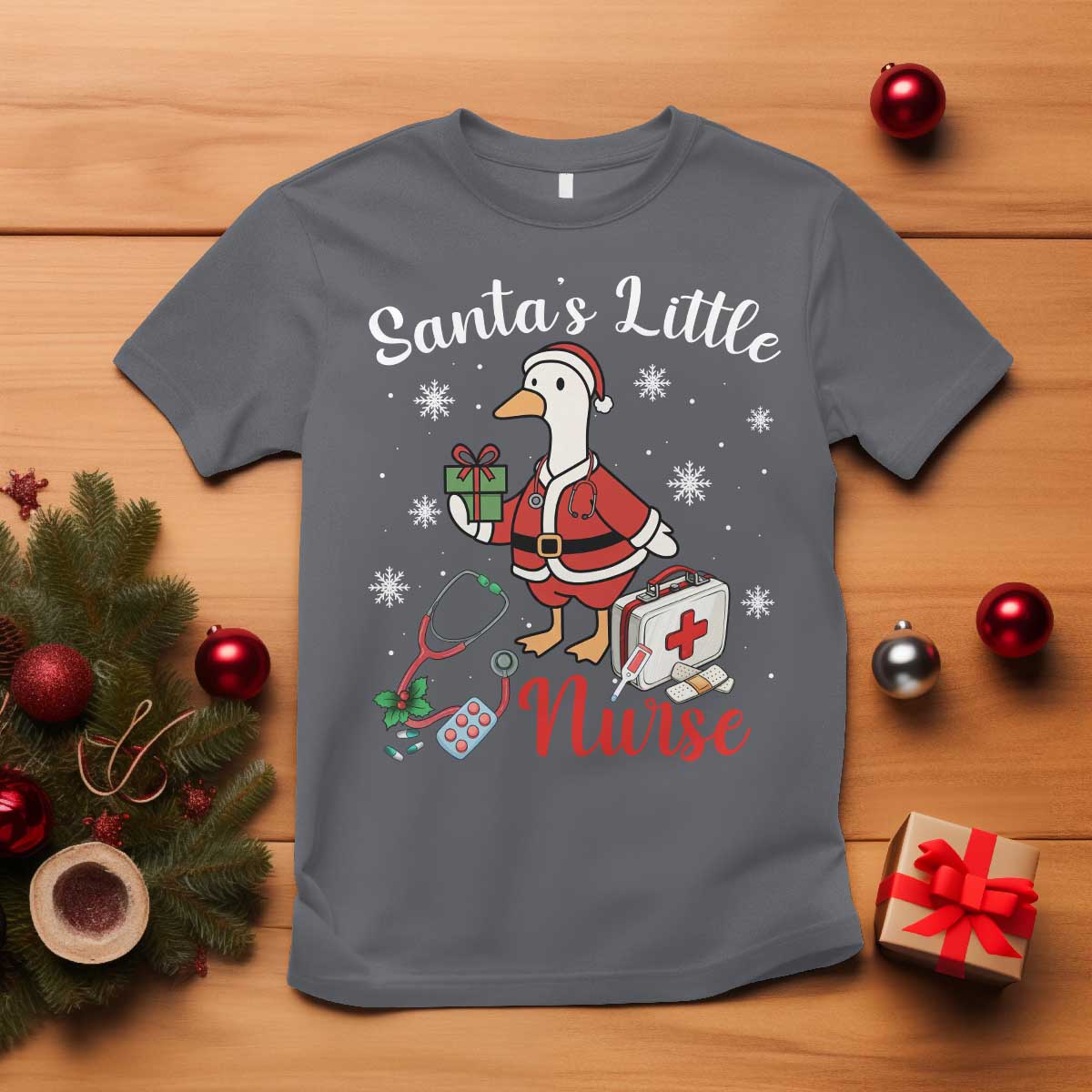 Christmas Goose Nurse T Shirt Santa Little Nurse TS14 Charcoal Print Your Wear
