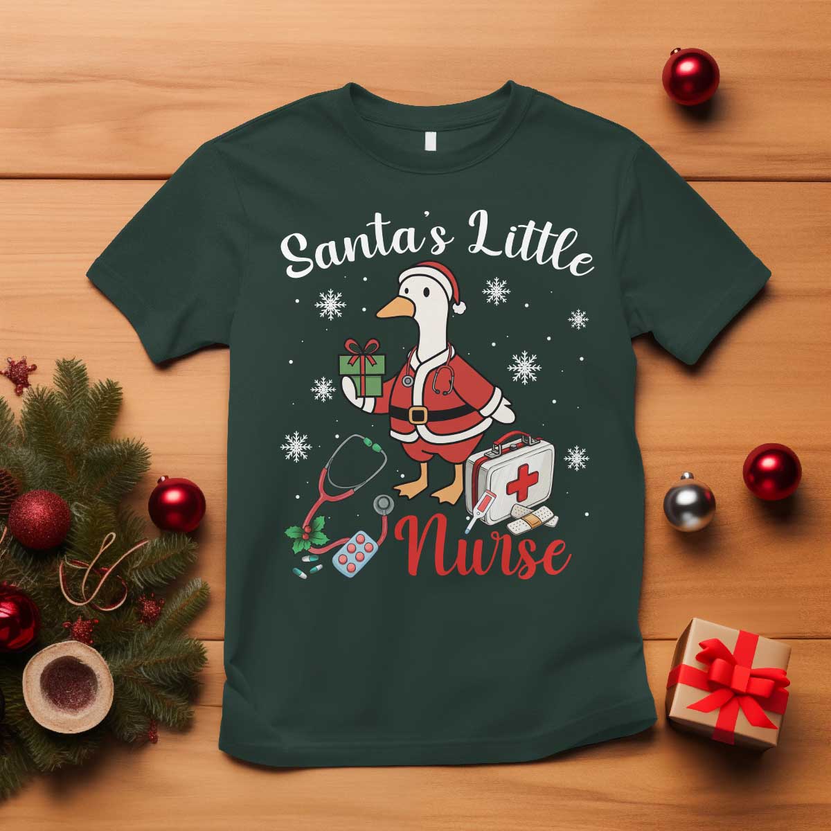 Christmas Goose Nurse T Shirt Santa Little Nurse TS14 Dark Forest Green Print Your Wear