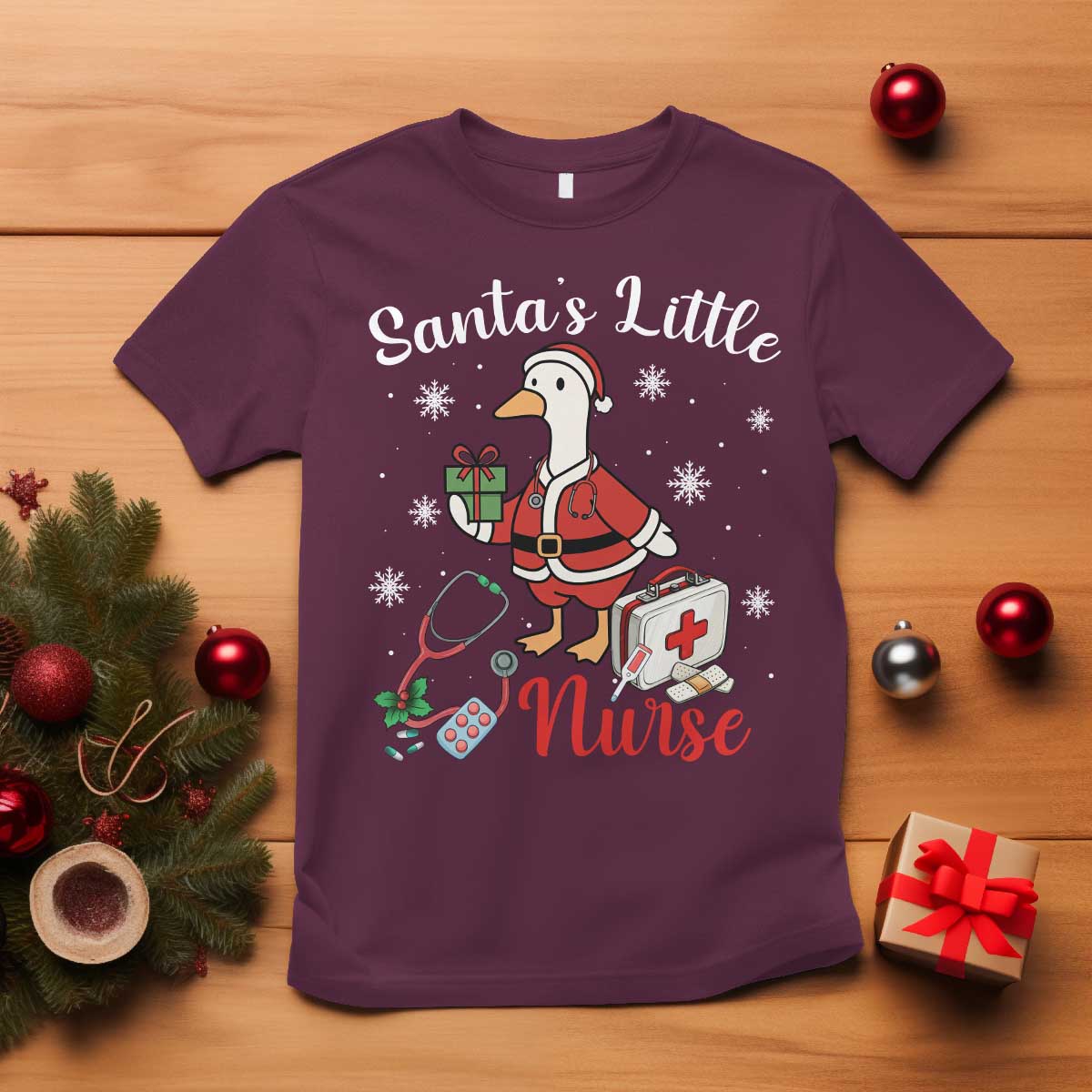Christmas Goose Nurse T Shirt Santa Little Nurse TS14 Maroon Print Your Wear
