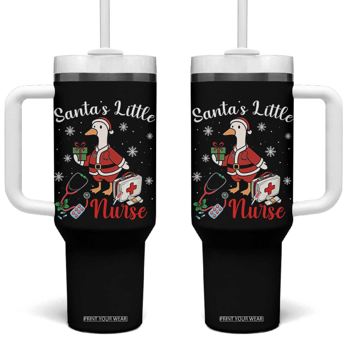 Christmas Goose Nurse Tumbler With Handle Santa Little Nurse TS14 One Size: 40 oz Black Print Your Wear