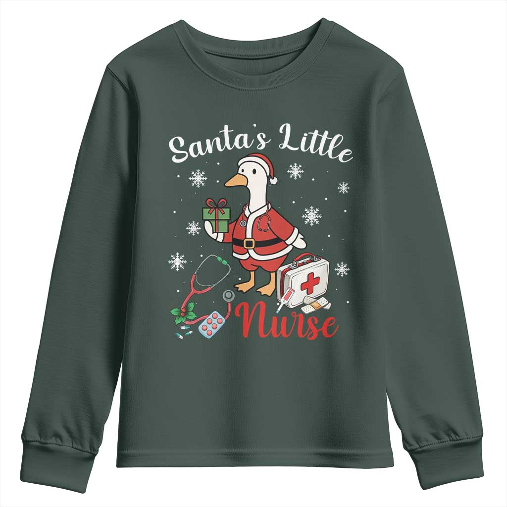 Christmas Goose Nurse Youth Sweatshirt Santa Little Nurse TS14 Dark Forest Green Print Your Wear
