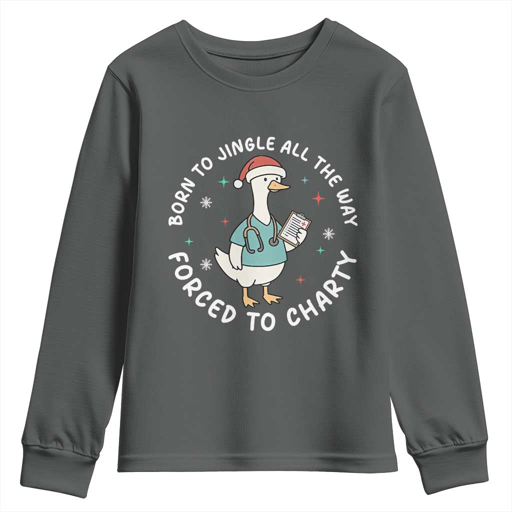 Christmas Goose Nurse Youth Sweatshirt Born To Jingle All The Way Forrced To Chart TS14 Dark Heather Print Your Wear