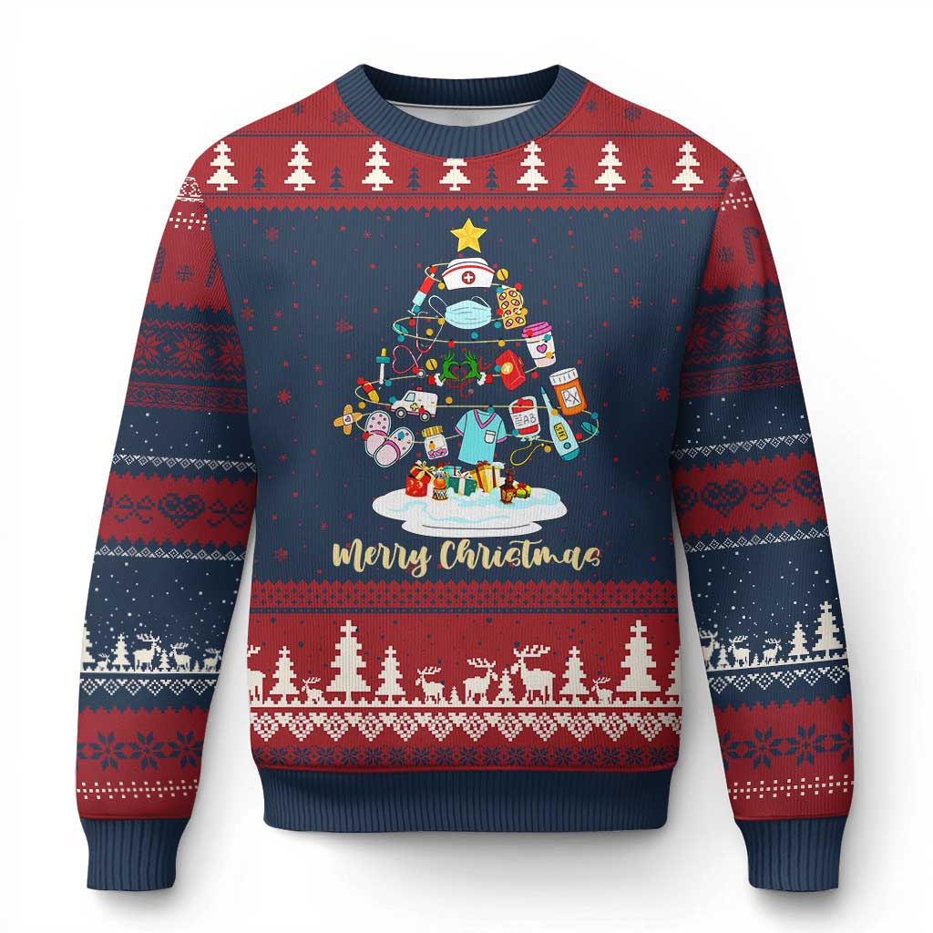 Christmas Nurse Tree Lights Ugly Christmas Sweater TS14 Navy Red Print Your Wear