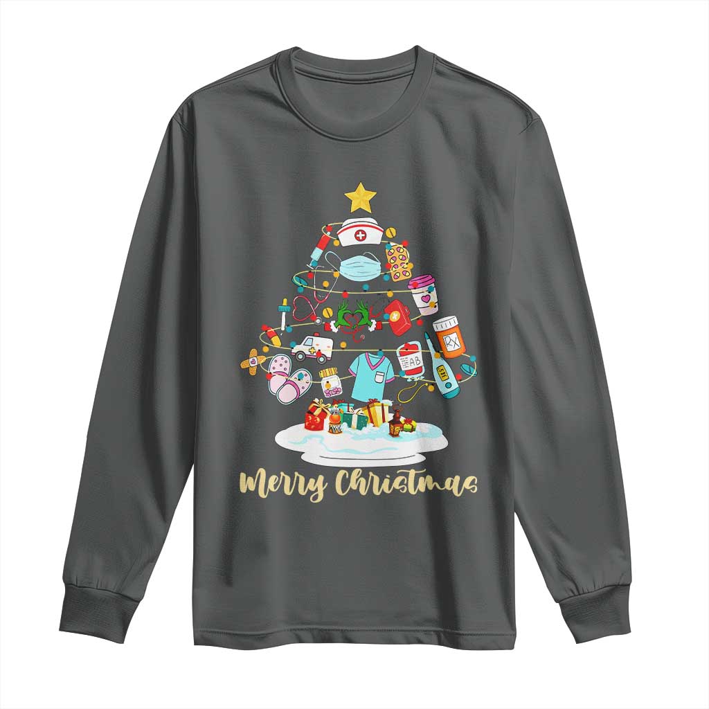 Christmas Nurse Tree Lights Long Sleeve Shirt TS14 Dark Heather Print Your Wear