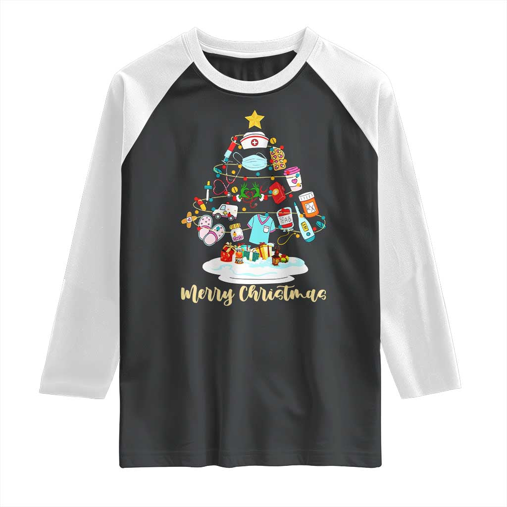 Christmas Nurse Tree Lights Raglan Shirt TS14 Black White Print Your Wear