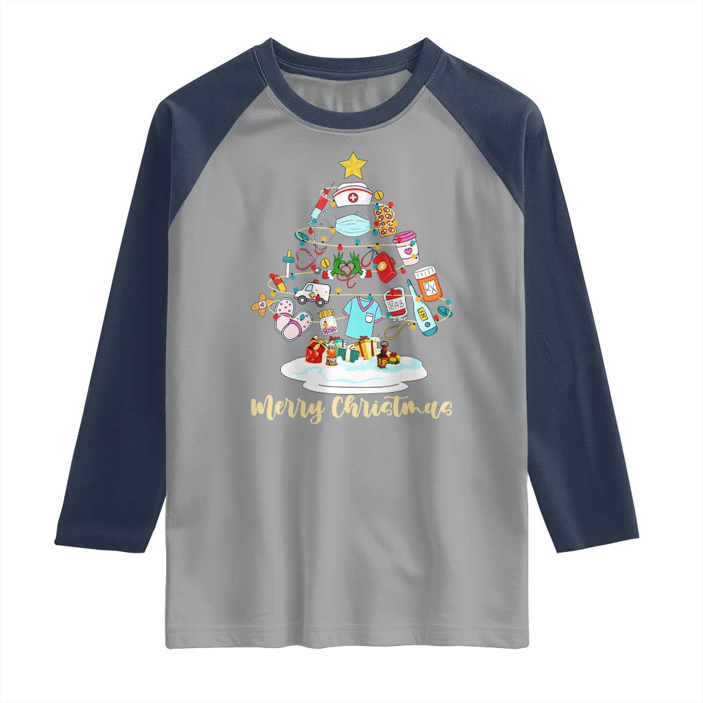 Christmas Nurse Tree Lights Raglan Shirt TS14 Sport Gray Navy Print Your Wear