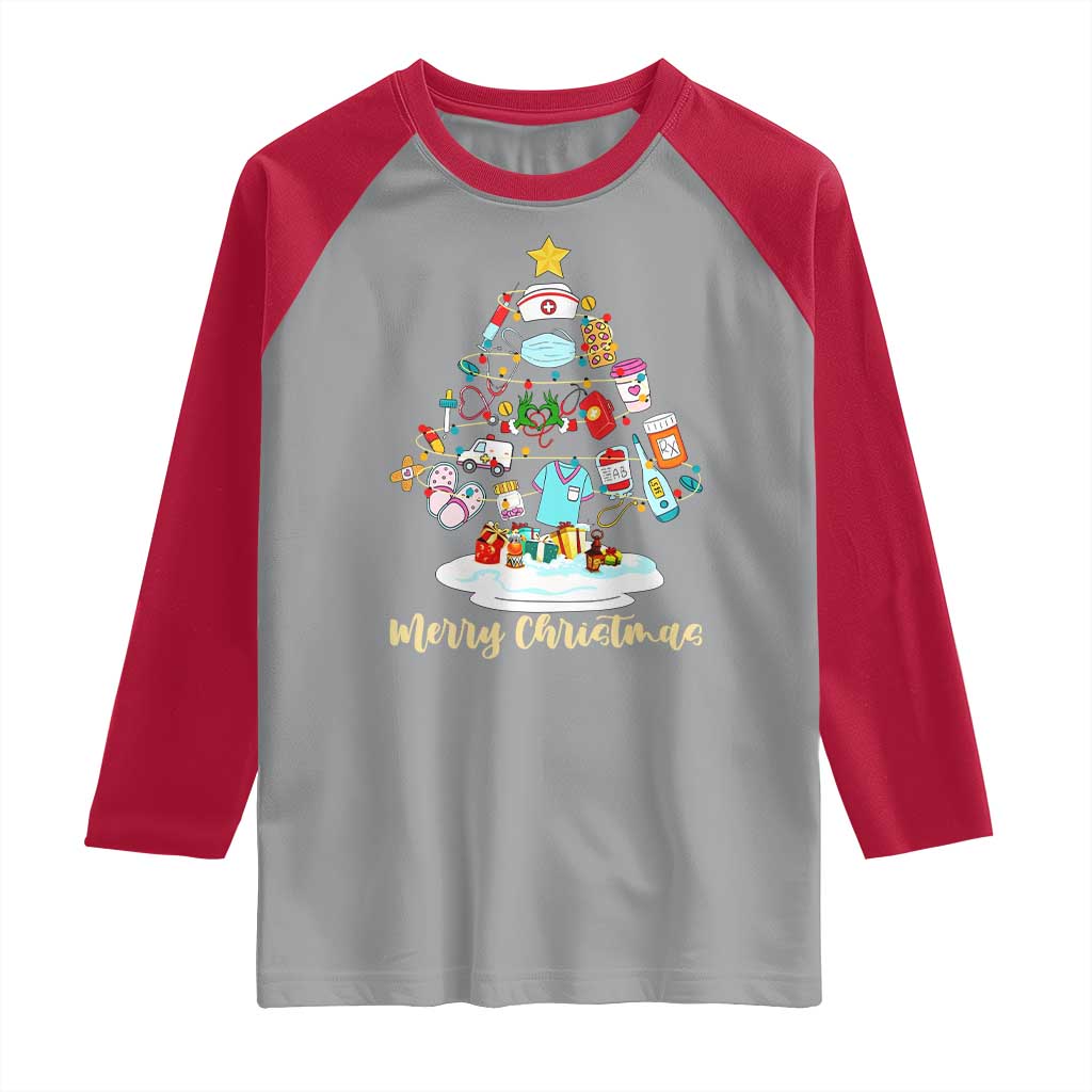 Christmas Nurse Tree Lights Raglan Shirt TS14 Sport Gray Red Print Your Wear