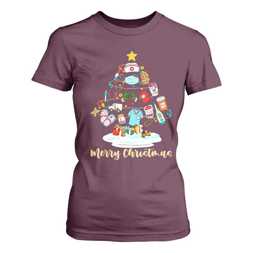 Christmas Nurse Tree Lights T Shirt For Women TS14 Maroon Print Your Wear