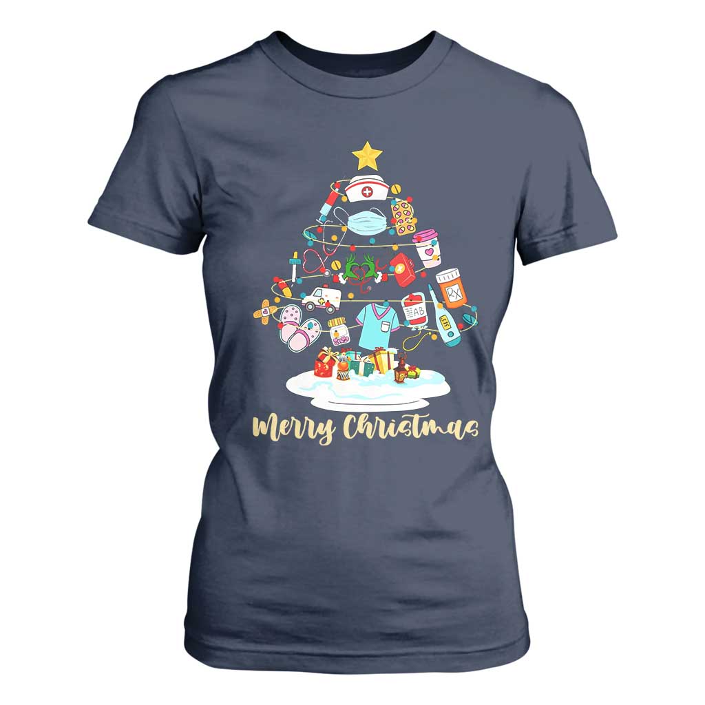 Christmas Nurse Tree Lights T Shirt For Women TS14 Navy Print Your Wear