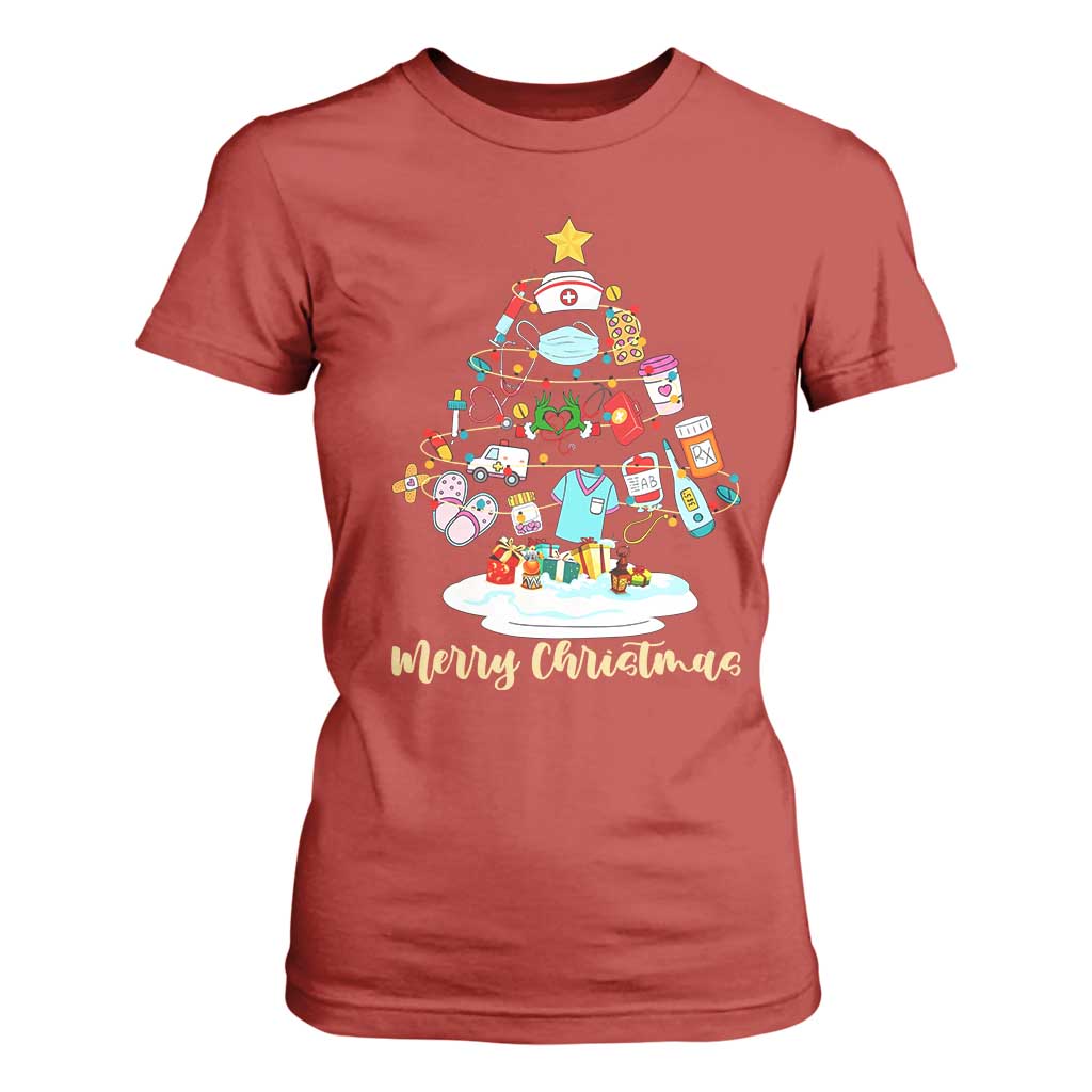 Christmas Nurse Tree Lights T Shirt For Women TS14 Red Print Your Wear