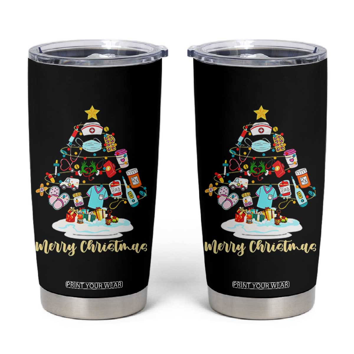 Christmas Nurse Tree Lights Tumbler Cup TS14 Black Print Your Wear
