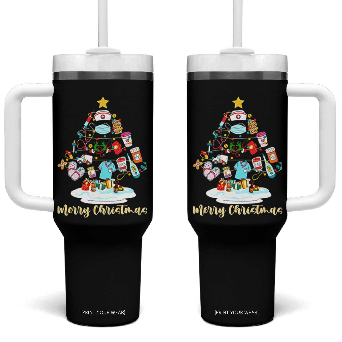 Christmas Nurse Tree Lights Tumbler With Handle TS14 One Size: 40 oz Black Print Your Wear