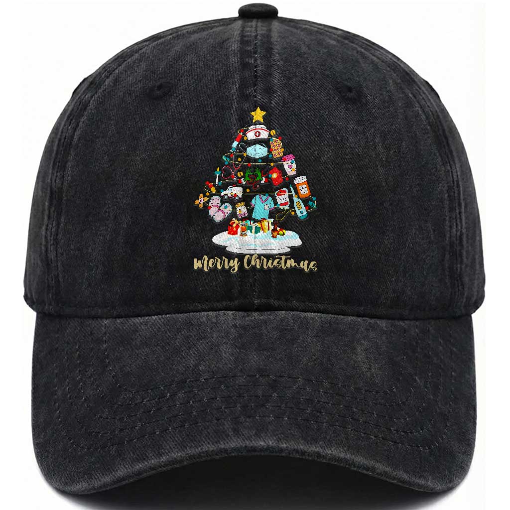Christmas Nurse Tree Lights Washed Cotton Baseball Cap TS14 Washed Cap Universal Fit Black Print Your Wear