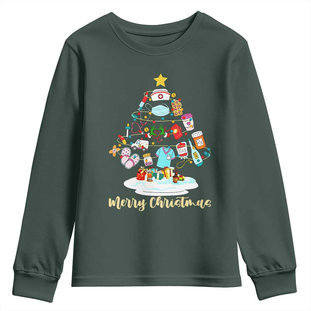 Christmas Nurse Tree Lights Youth Sweatshirt TS14 Dark Forest Green Print Your Wear