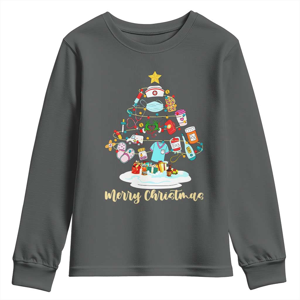 Christmas Nurse Tree Lights Youth Sweatshirt TS14 Dark Heather Print Your Wear