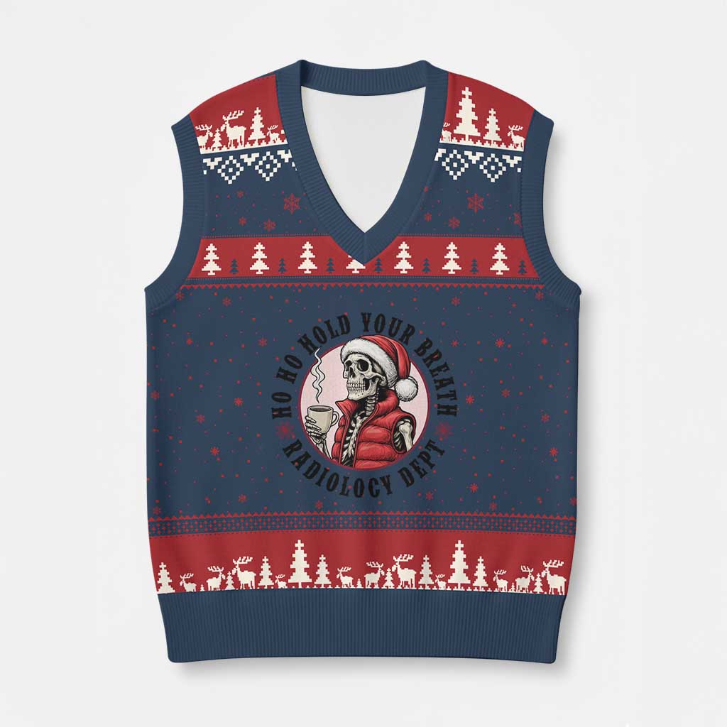 Funny Skeleton Xmas V-Neck Knit Sweater Vest Ho Ho Hold Your Breath Radiolocy Dept TS14 Navy Red Print Your Wear
