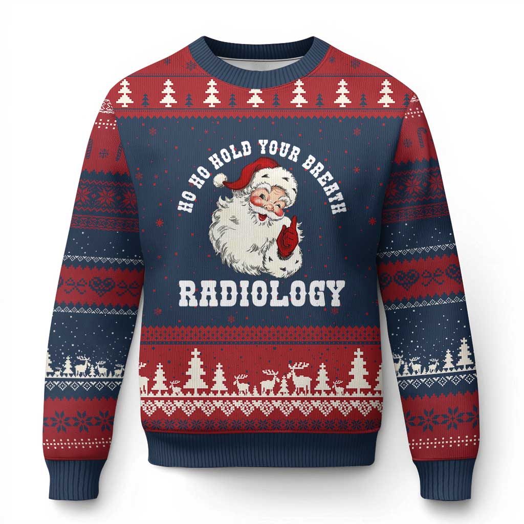 Funny Santa Xmas Ugly Christmas Sweater Ho Ho Hold Your Breath Radiolocy Dept TS14 Navy Red Print Your Wear