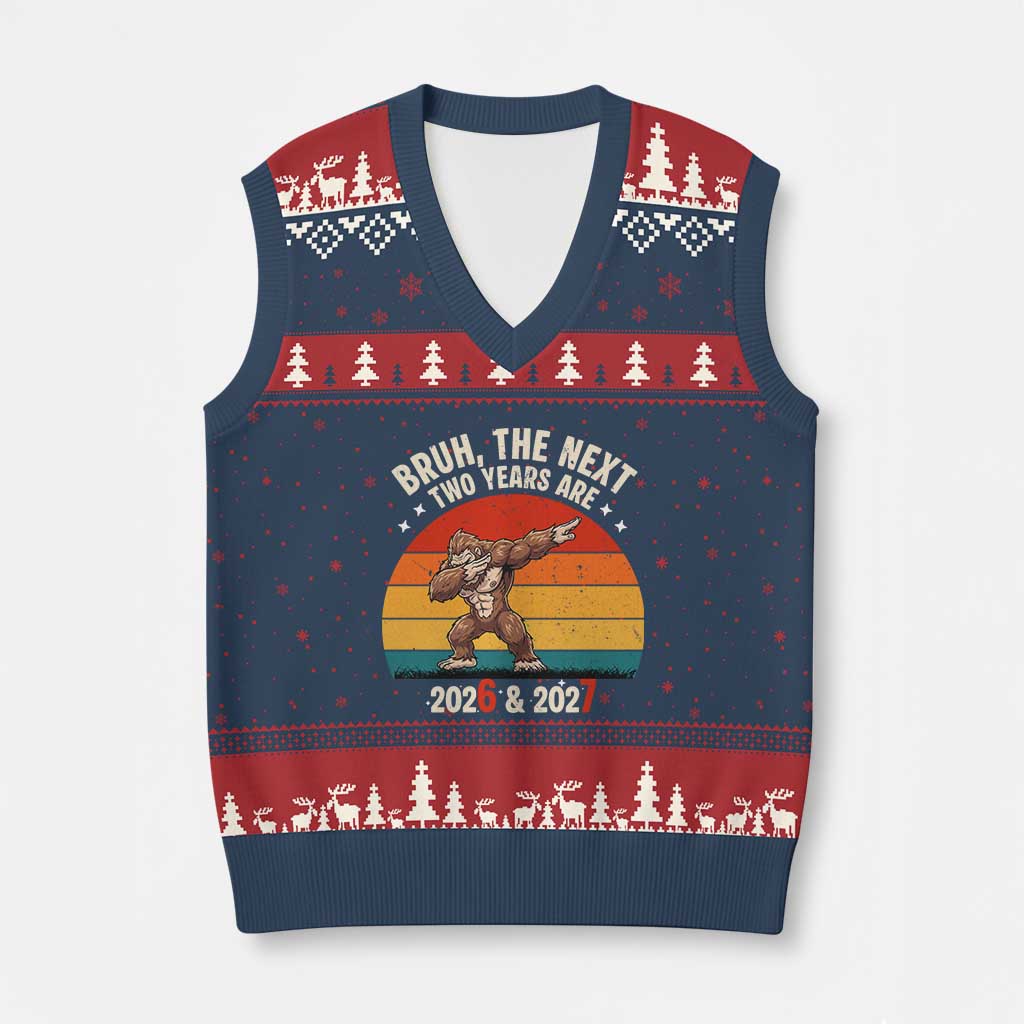 67 New Year V-Neck Knit Sweater Vest Funny Six Seven Bruh Bigfoot Meme TS14 Navy Red Print Your Wear