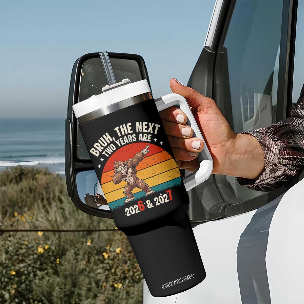 67 New Year Tumbler With Handle Funny Six Seven Bruh Bigfoot Meme TS14 Print Your Wear