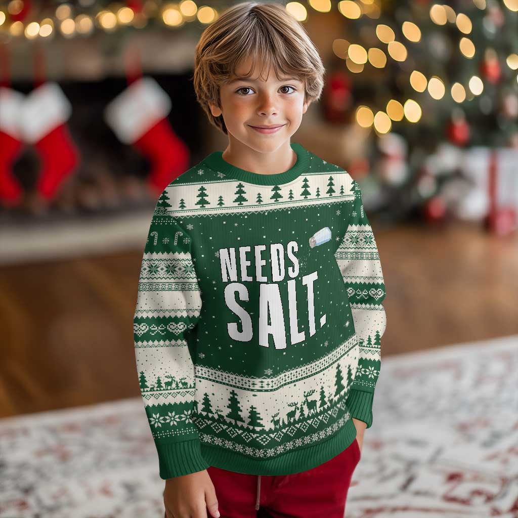 Needs Salt Ugly Christmas Sweater Funny Cooking Baking Foodie TS14 Forest Green Beige Print Your Wear