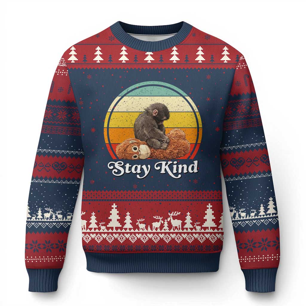 Punch Mokey Ugly Christmas Sweater Viral Trend Baby Monkey Stay Kind TS14 Navy Red Print Your Wear