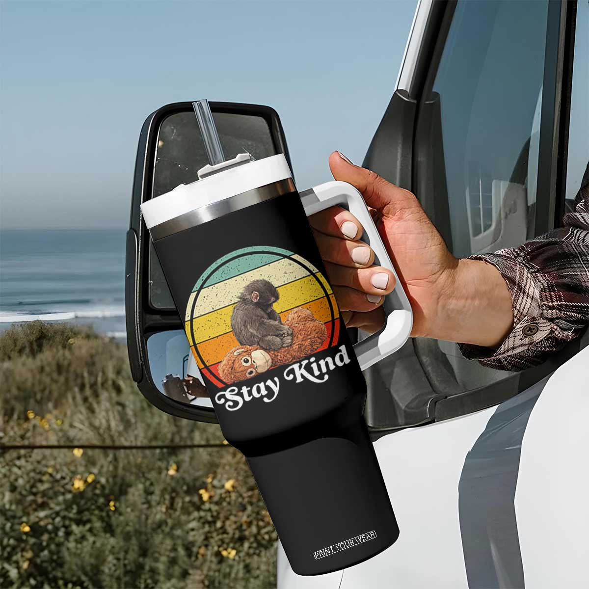 Punch Mokey Tumbler With Handle Viral Trend Baby Monkey Stay Kind TS14 Print Your Wear
