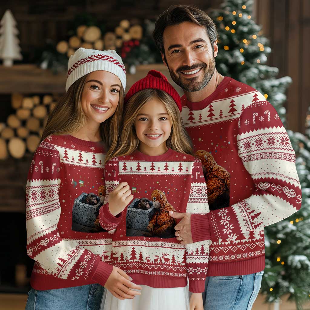 Punch Mokey Ugly Christmas Sweater Viral Trend Baby Monkey Streets Meme TS14 Red Beige Print Your Wear