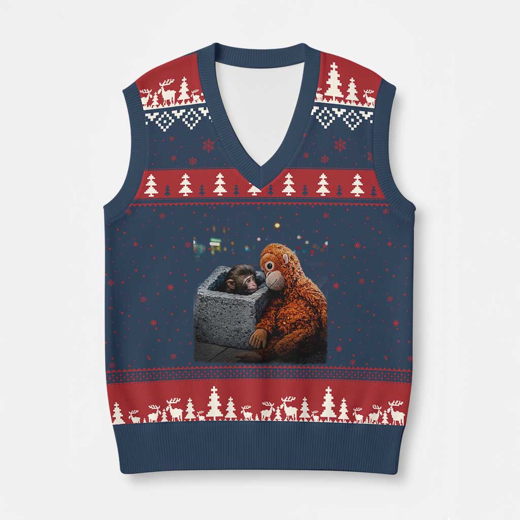 Punch Mokey V-Neck Knit Sweater Vest Viral Trend Baby Monkey Streets Meme TS14 Navy Red Print Your Wear