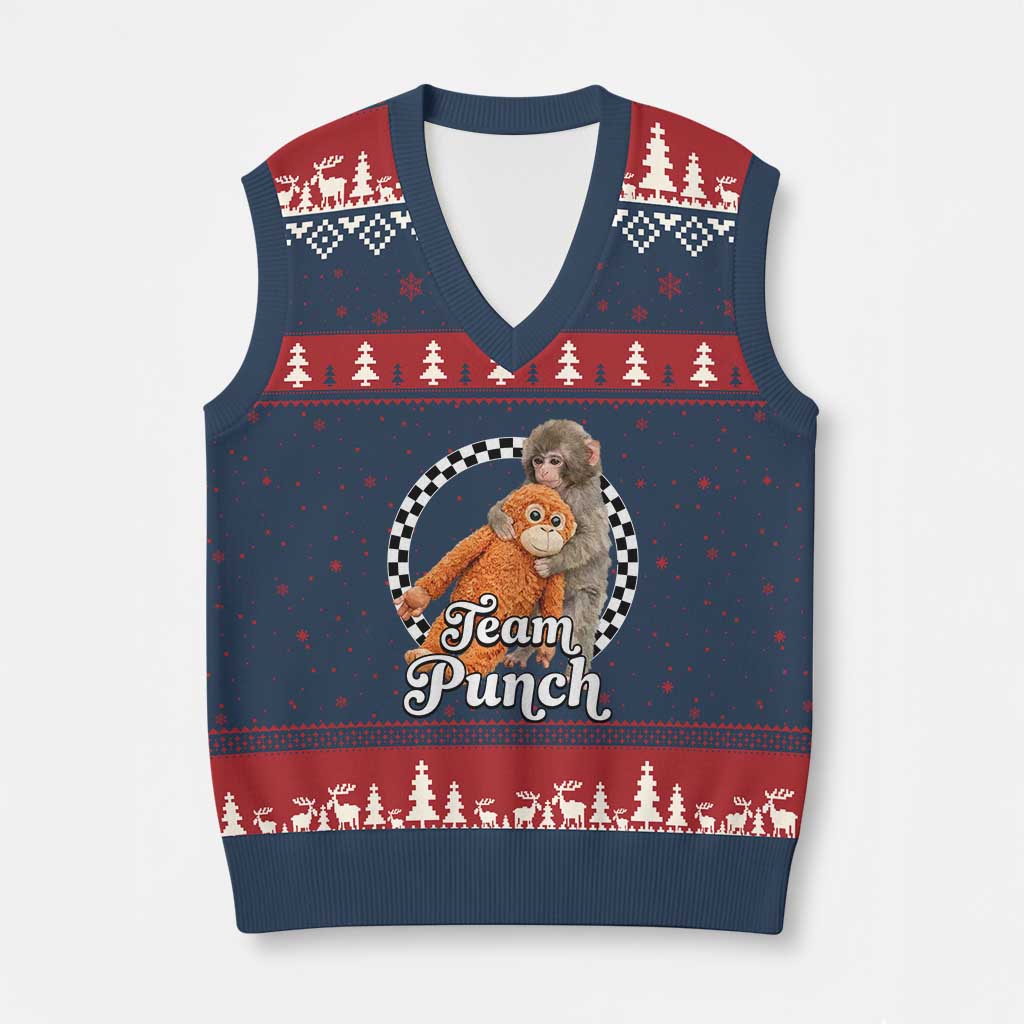 Punch Mokey V-Neck Knit Sweater Vest Baby Monkey And Plush Toy Viral Trend TS14 Navy Red Print Your Wear