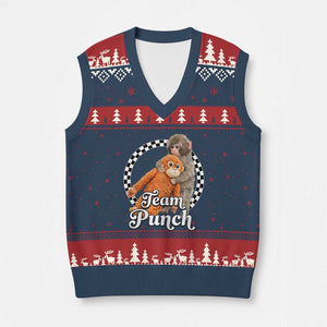 Punch Mokey V-Neck Knit Sweater Vest Baby Monkey And Plush Toy Viral Trend TS14 Navy Red Print Your Wear