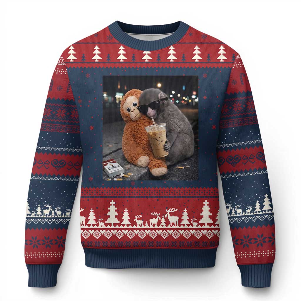 Punch Mokey Meme Ugly Christmas Sweater Funny Drinking Iced Coffee Sunglasses Street TS14 Navy Red Print Your Wear