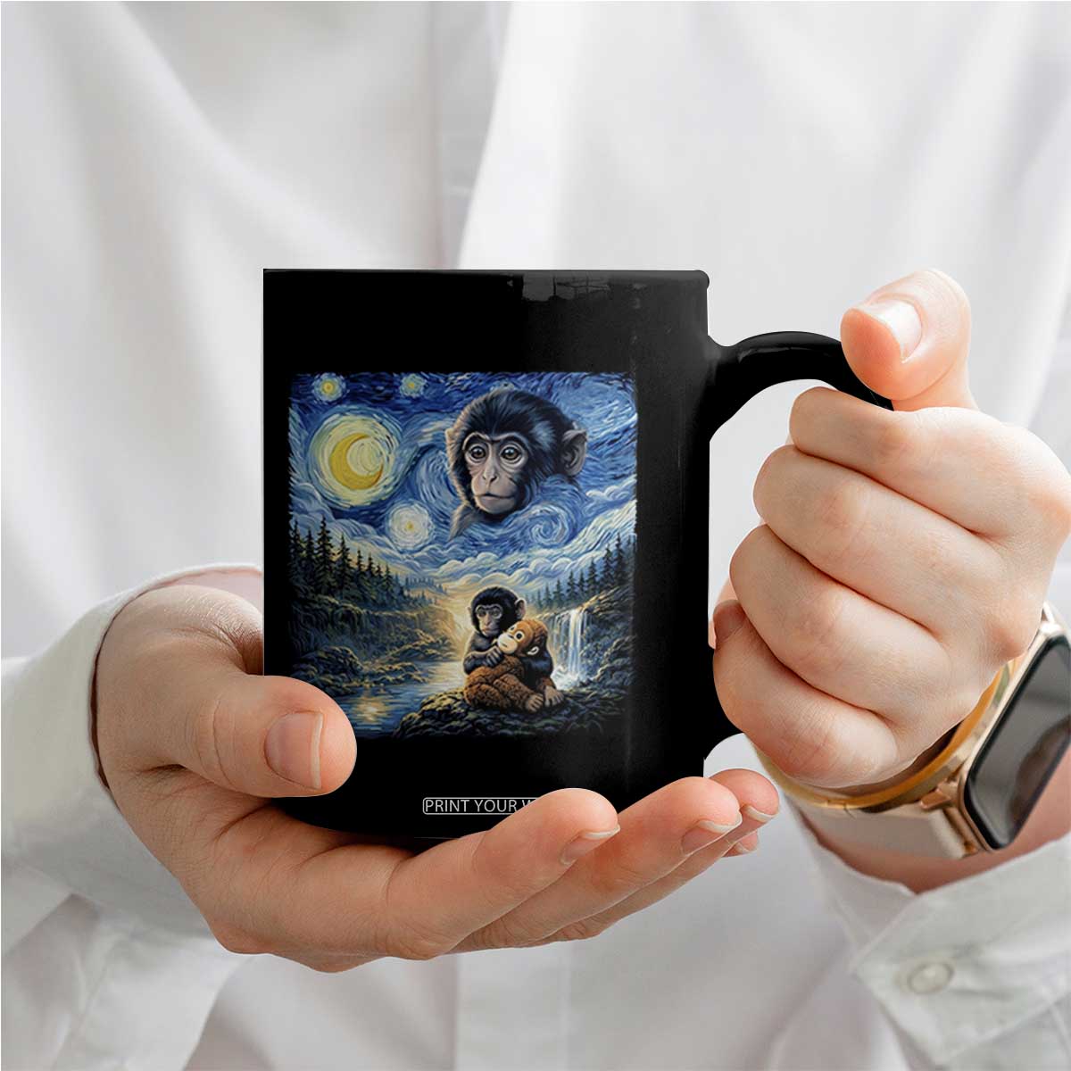 Punch Mokey Coffee Mug Viral Baby Monkey Starry Night Van Gogh TS14 Print Your Wear