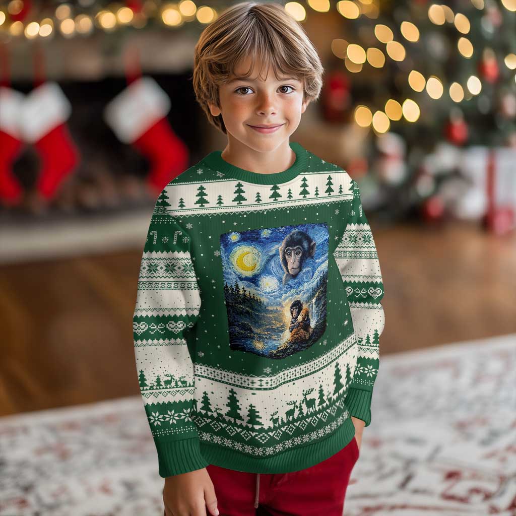 Punch Mokey Ugly Christmas Sweater Viral Baby Monkey Starry Night Van Gogh TS14 Forest Green Beige Print Your Wear