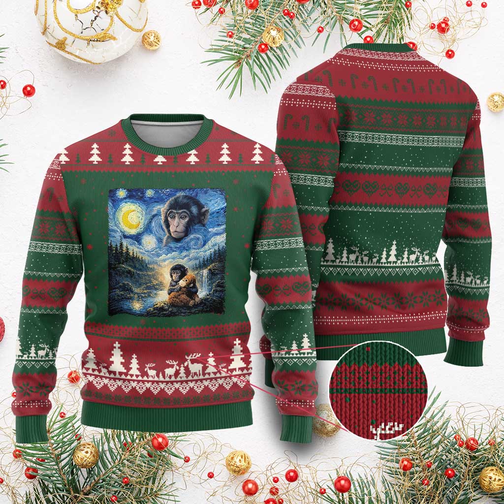 Punch Mokey Ugly Christmas Sweater Viral Baby Monkey Starry Night Van Gogh TS14 Red Green Print Your Wear