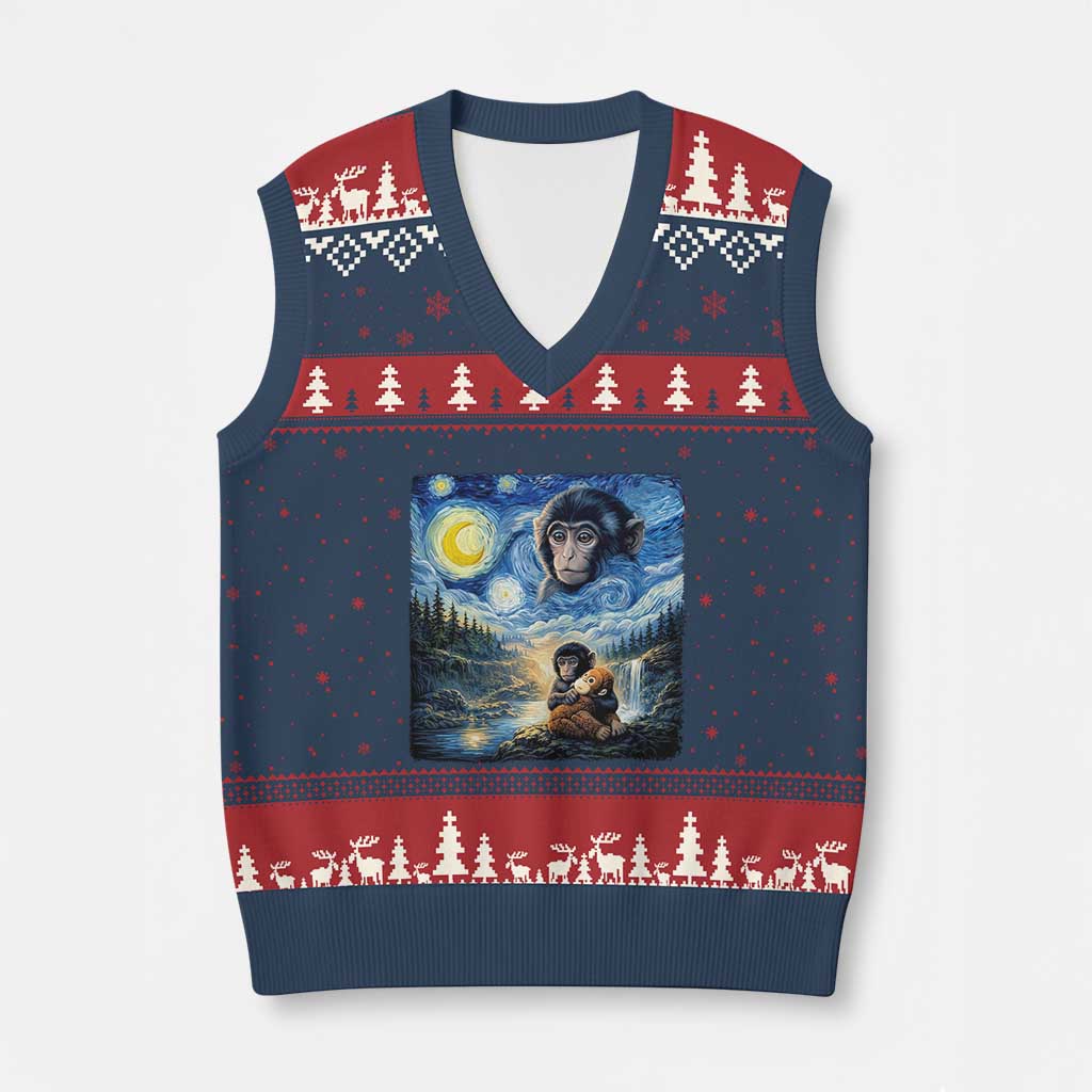Punch Mokey V-Neck Knit Sweater Vest Viral Baby Monkey Starry Night Van Gogh TS14 Navy Red Print Your Wear