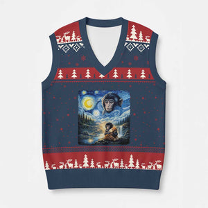 Punch Mokey V-Neck Knit Sweater Vest Viral Baby Monkey Starry Night Van Gogh TS14 Navy Red Print Your Wear