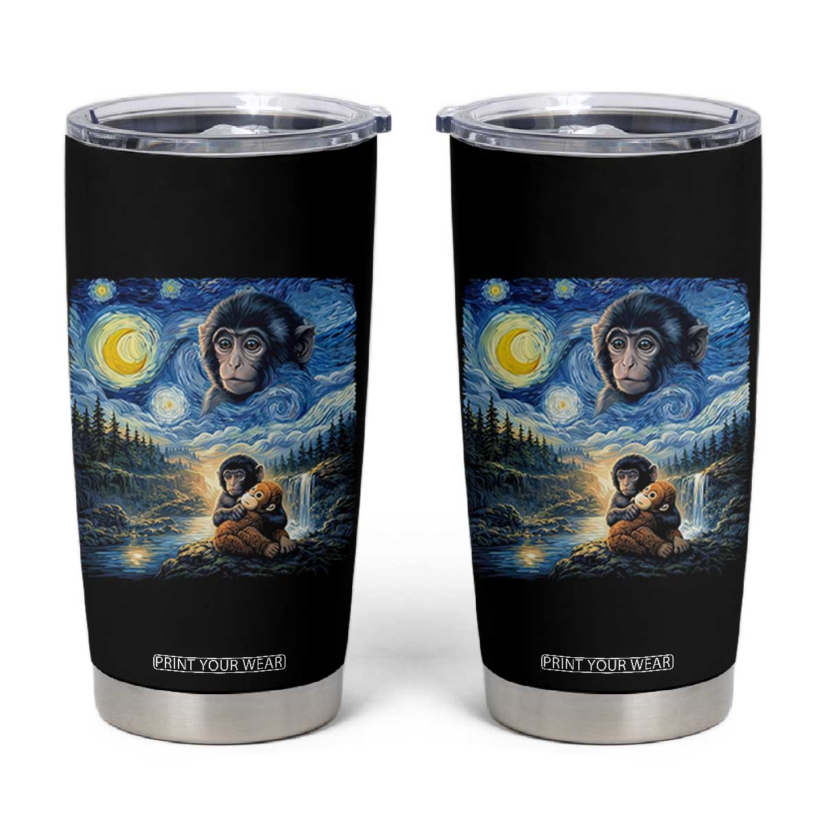 Punch Mokey Tumbler Cup Viral Baby Monkey Starry Night Van Gogh TS14 Black Print Your Wear