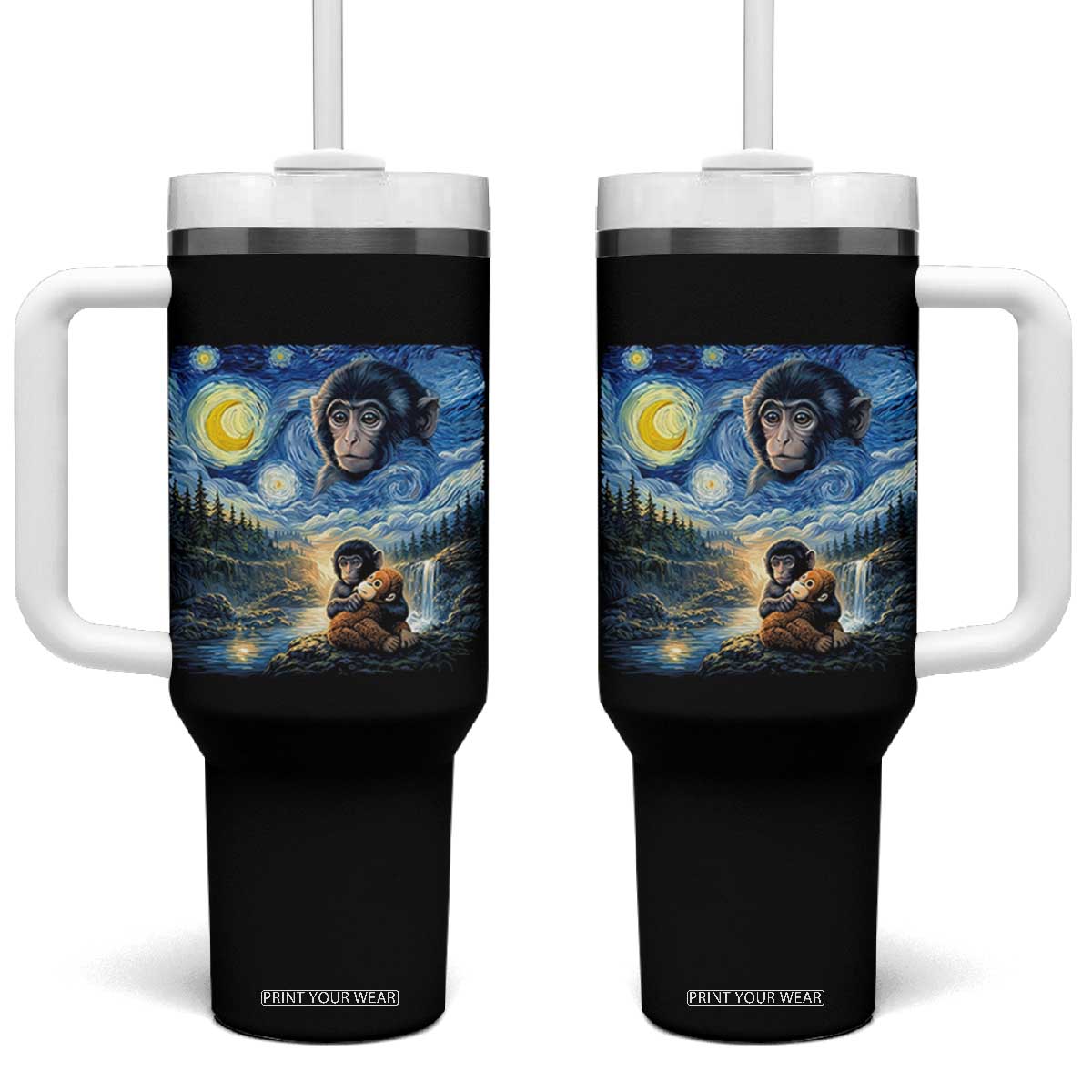 Punch Mokey Tumbler With Handle Viral Baby Monkey Starry Night Van Gogh TS14 One Size: 40 oz Black Print Your Wear