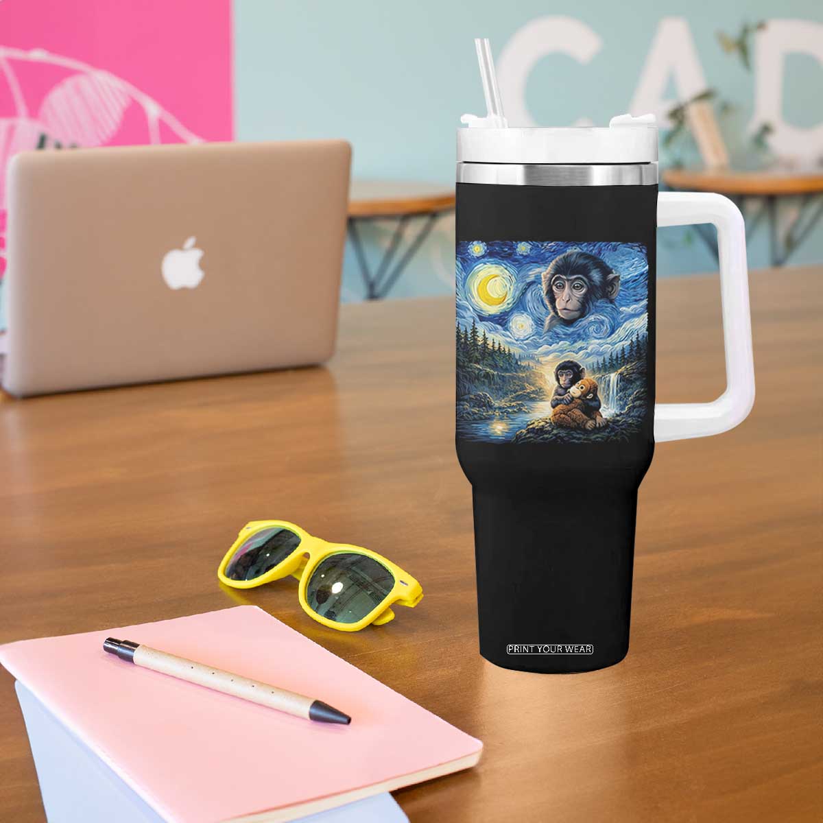 Punch Mokey Tumbler With Handle Viral Baby Monkey Starry Night Van Gogh TS14 Print Your Wear