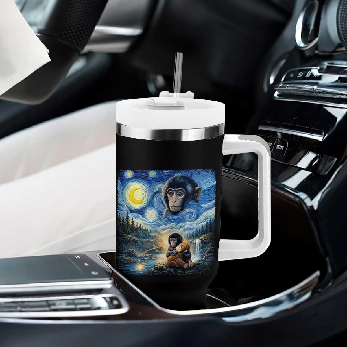 Punch Mokey Tumbler With Handle Viral Baby Monkey Starry Night Van Gogh TS14 Print Your Wear