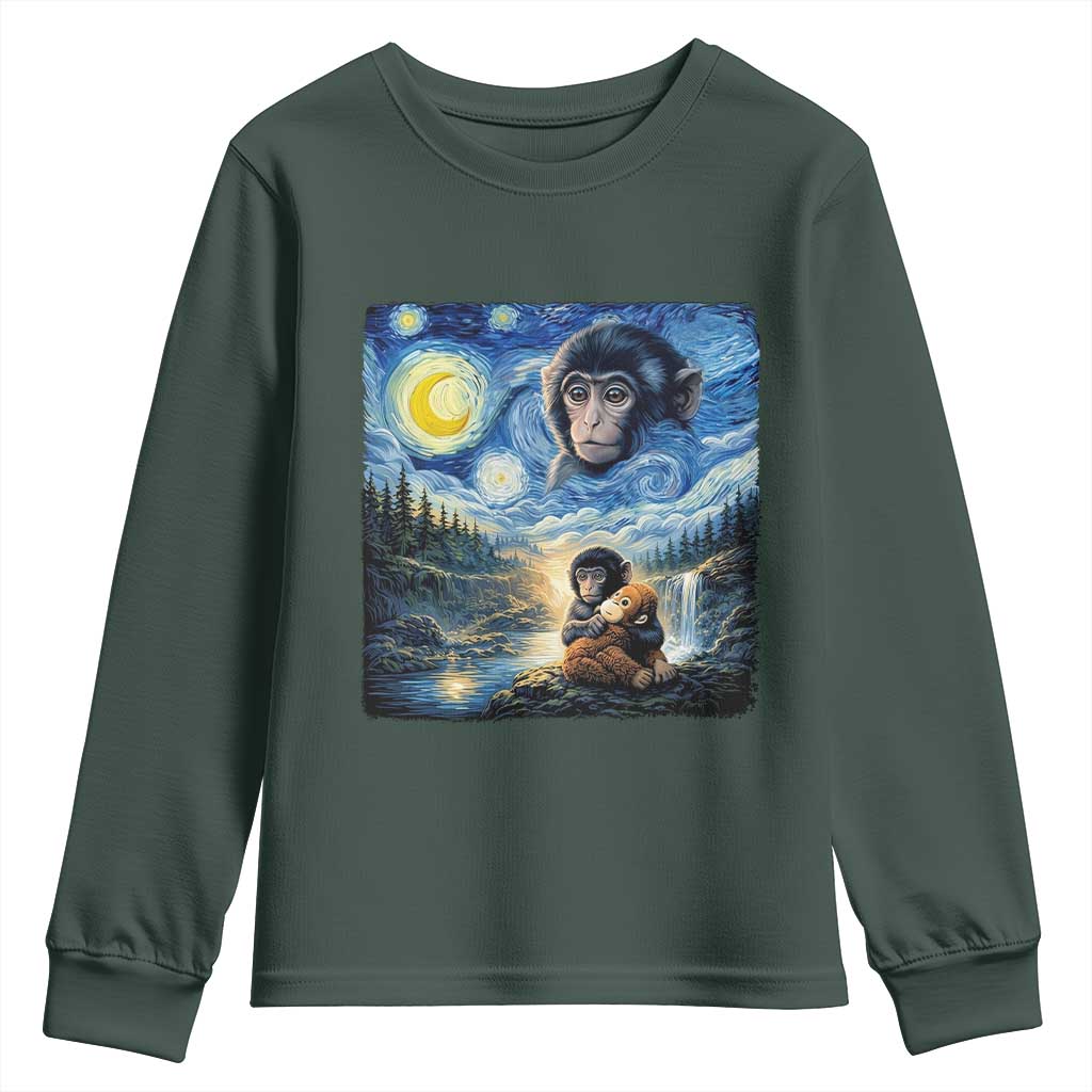 Punch Mokey Youth Sweatshirt Viral Baby Monkey Starry Night Van Gogh TS14 Dark Forest Green Print Your Wear