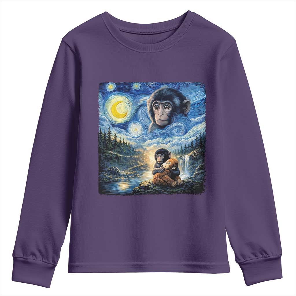 Punch Mokey Youth Sweatshirt Viral Baby Monkey Starry Night Van Gogh TS14 Purple Print Your Wear