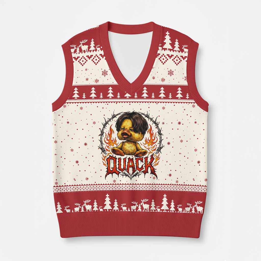 Funny Duck Metal Concert V-Neck Knit Sweater Vest Rock Band Quack Meme TS14 Beige Red Print Your Wear