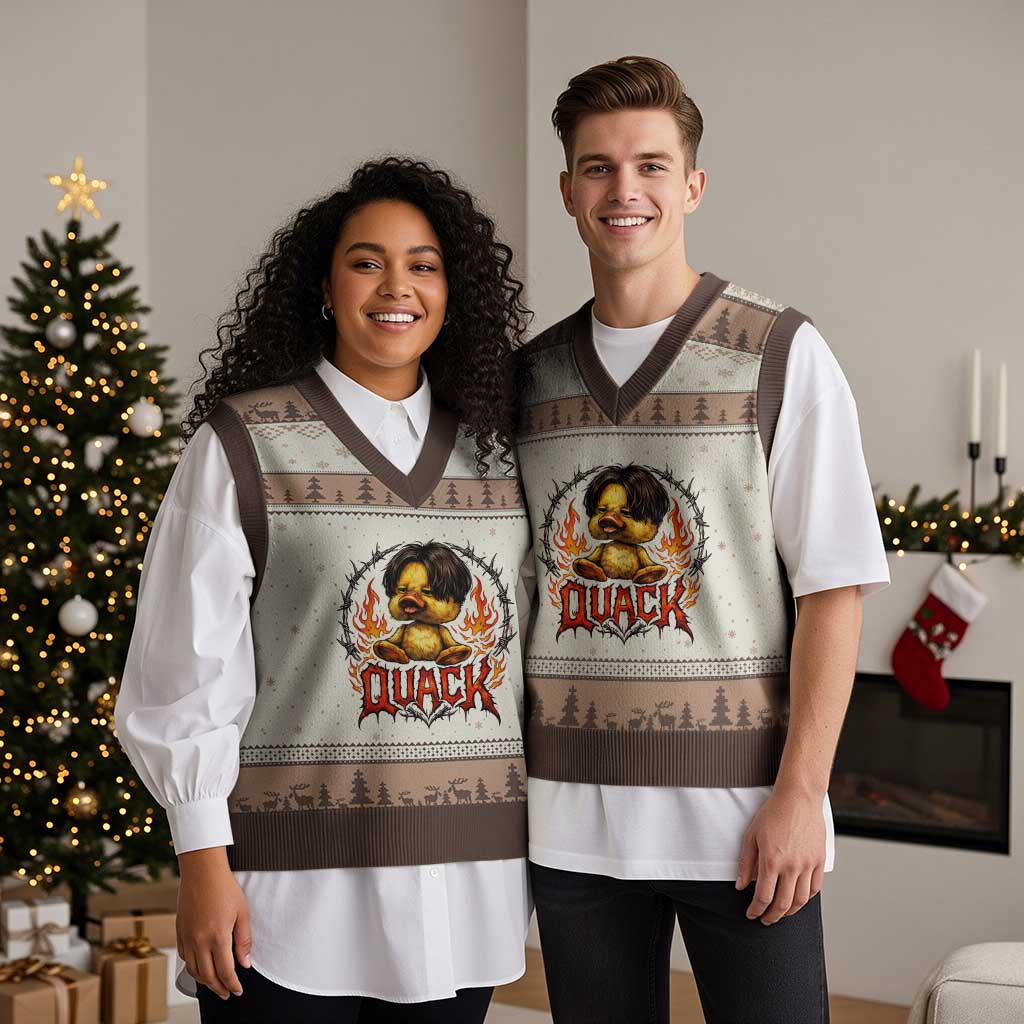 Funny Duck Metal Concert V-Neck Knit Sweater Vest Rock Band Quack Meme TS14 Mocha Mousse Print Your Wear