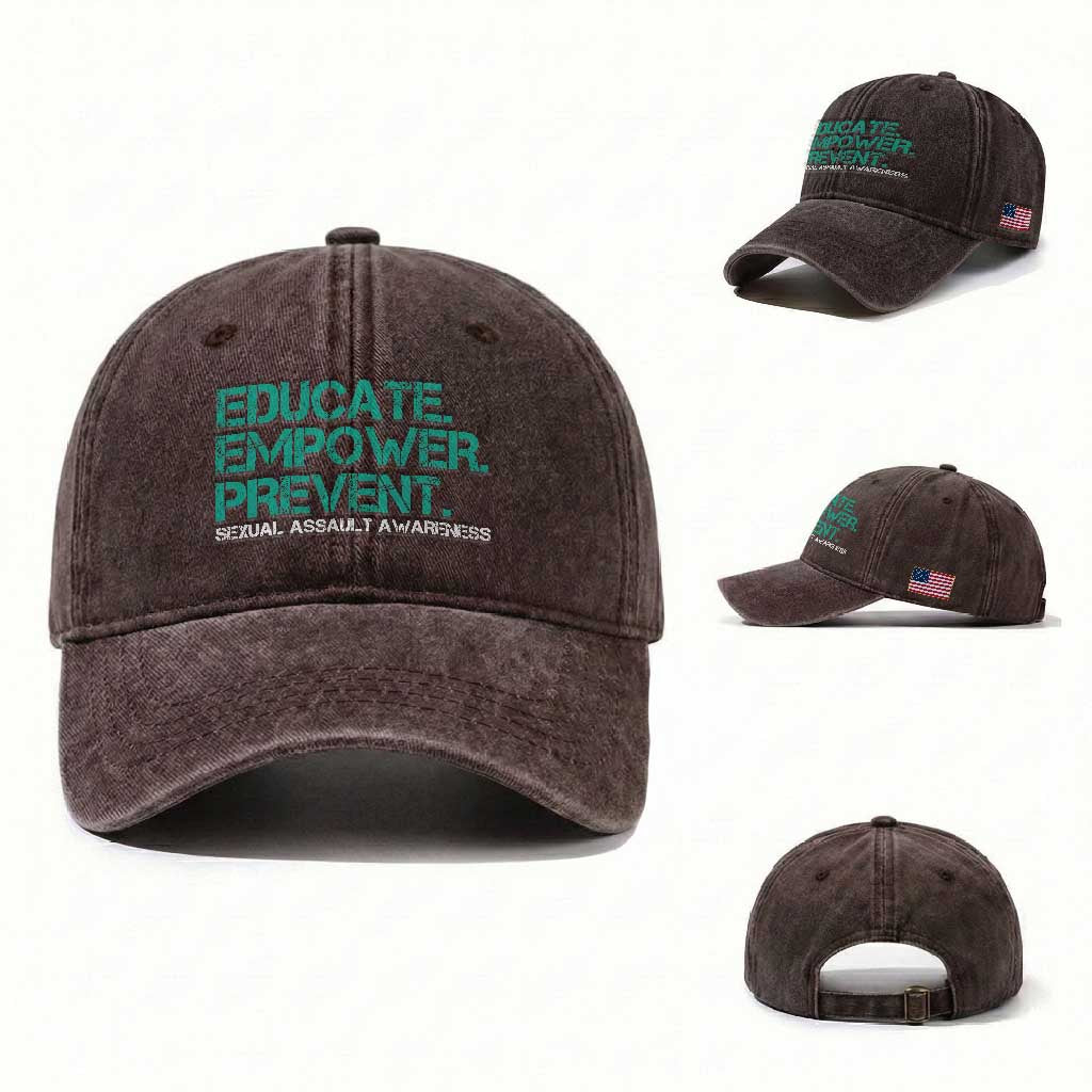 Sexual Assault Awareness Washed Cotton Baseball Cap Educate Empower Prevent TS14 Washed Cap Universal Fit Dark Brown Print Your Wear